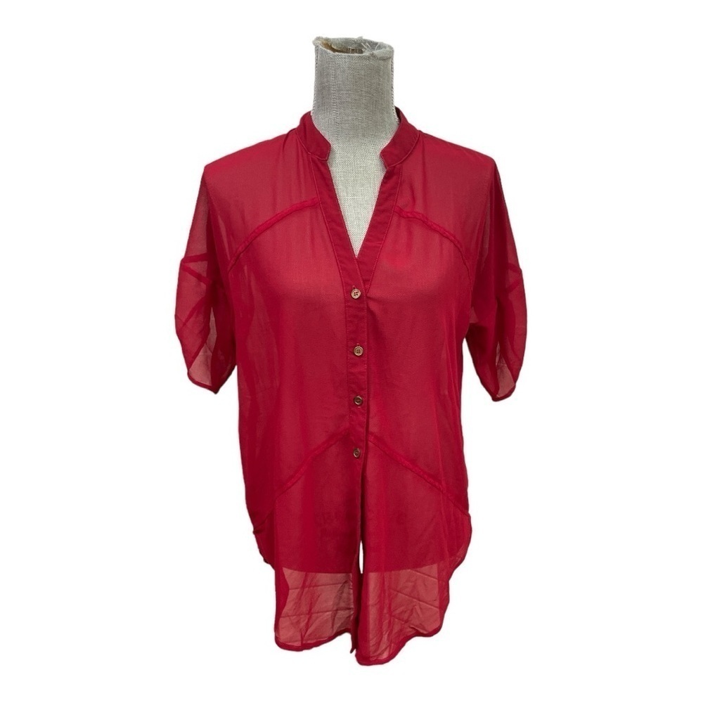 Excuse me Miss Womens Red Sheer Button down Sheer Career Work
Blouse Sz L